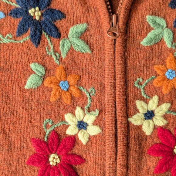 Vintage Frost Orange Lambswool Full Zip Colorful Floral Embroidered Sweater XS - Picture 5 of 8